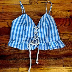 Cute summery stripe nautical lace up cropped top with ruffle and rope detail